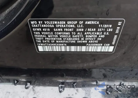 2017 Volkswagen Passat S from USA, damaged, VIN 1VWAT7A34HC038674